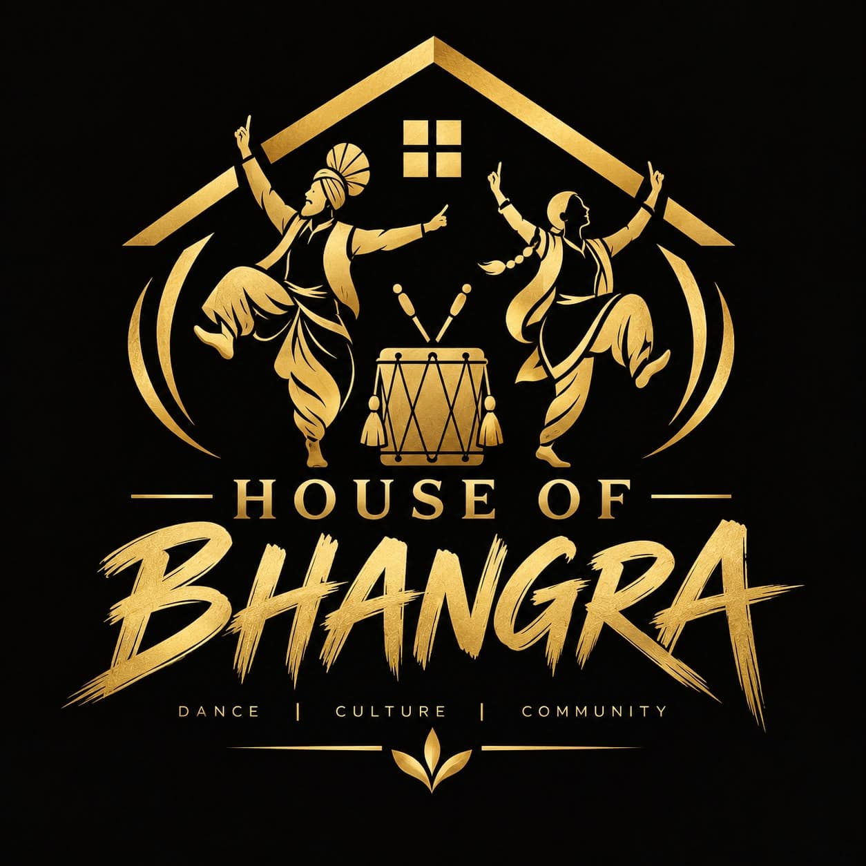 House of Bhangra emblem — two dancers and a dhol beneath a house-shaped roof